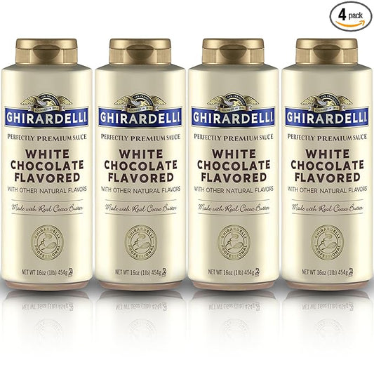 Ghirardelli White Chocolate Flavored Sauce Squeeze Bottles | 16 oz (Pack of 4) | Smooth Creamy White Chocolate Dessert Topping for Coffee, Ice Cream, and Baking
