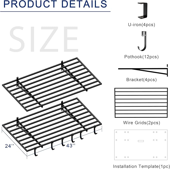2-Pack 2x4ft Garage Shelving Wall Mounted, 24x43 inch Wall Shelf Heavy Duty Garage Storage Shelves Floating Shelves with Hooks, 500LB Capacity