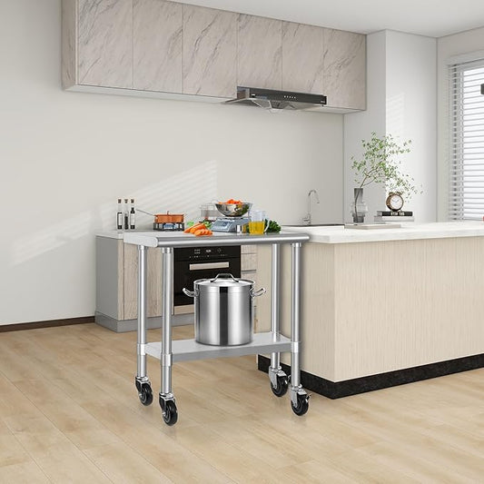 HARDURA Stainless Steel Commercial Table Prep & Work Table with Casters Heavy Duty Metal Table with Wheels NSF 430 14×30 Inches