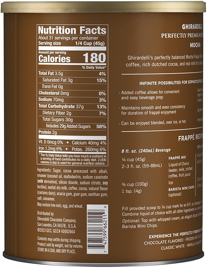 Ghirardelli Mocha Premium Frappé Mix, 3.12 lb Can with Ghirardelli Stamped Barista Spoon