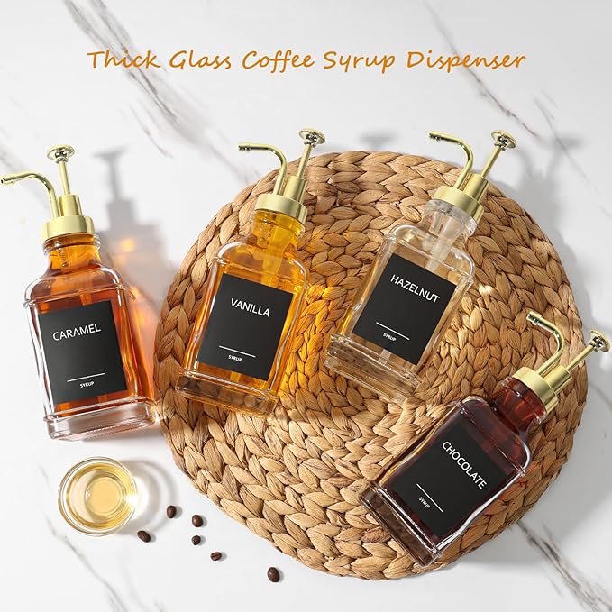 Coffee Bar Accessories, Coffee Syrup Dispenser 16.9 fl oz/500ml, Glass Syrup Dispenser with Gold Pump Dispenser, Labels, Spoons for Coffee Bar, 4 Pack