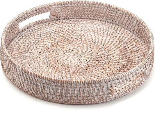 Coffee Table Tray Round Rattan Ottoman Tray Woven Serving Trays with Handles for Home and Kitchen Decorative Whitewash (Large 16.9 inch)