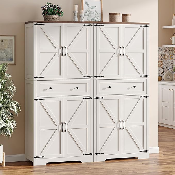 71" Tall Kitchen Pantry Storage Cabinet with Barn Doors and Shelves, White Farmhouse Linen Storage Cabinet With Drawers, Free standing Food Pantry Cabinets for Kitchen, Dining Room, Living Room