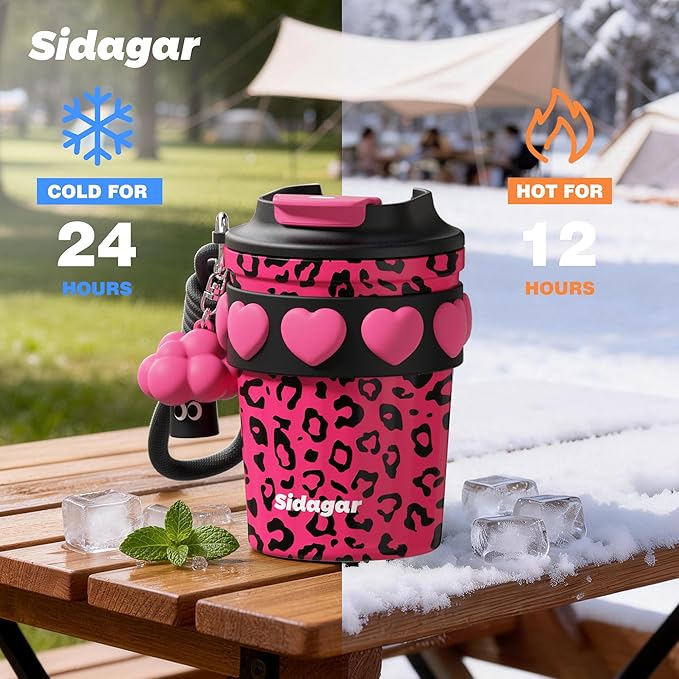 12 oz Travel Coffee Mug Spill Proof Leak Proof, Stainless Steel Thermal Coffee Cup with Lid, Resuable Cup for Hot and Cold, Portable Tumbler for Women, Pink Leopard