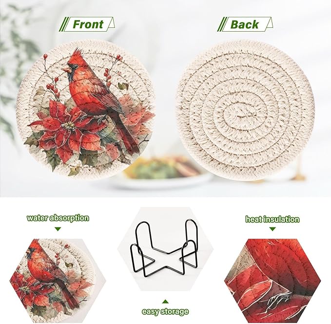 Christmas Coasters with Holder Red Cardinals Bird Poinsettia Coasters Set of 6 Cotton Woven Absorbent Cup Coaster Xmas Holiday Party Table Decor 4 Inches