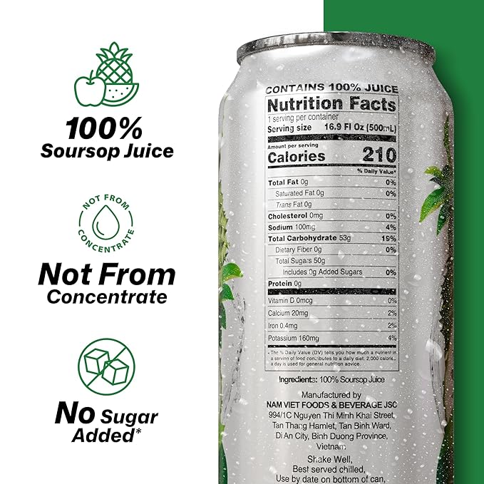 VINUT 100% Soursop Juice, No Added Sugar, Not From Concentrate, 16.9 fl oz (500 mL) Can, Pack of 12