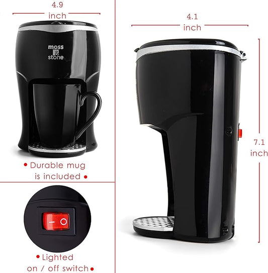 Moss & Stone Mini Drip Coffee Maker with Mug, Small Coffee Pot With Coffee Cup, One Cup Coffee Maker (1 Drip & 4oz Mug)