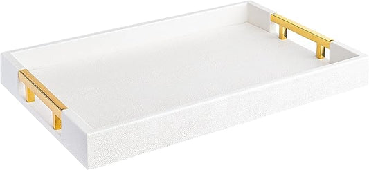 Modern Elegant 17.5"x12" Rectangle Glossy Faux Leather Shagreen White Decorative Serving Tray with Gold Polished Metal Handles for Ottoman Coffee Table Perfume