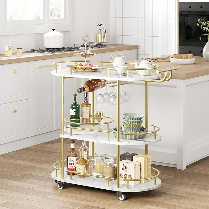GarveeHome Gold Bar Carts with 4-Tiers Storage Shelves, Mobile Bar Seving Carts on Wheels with Wine Rack and Glass Holder for Kitchen, Dining Room, Living Room