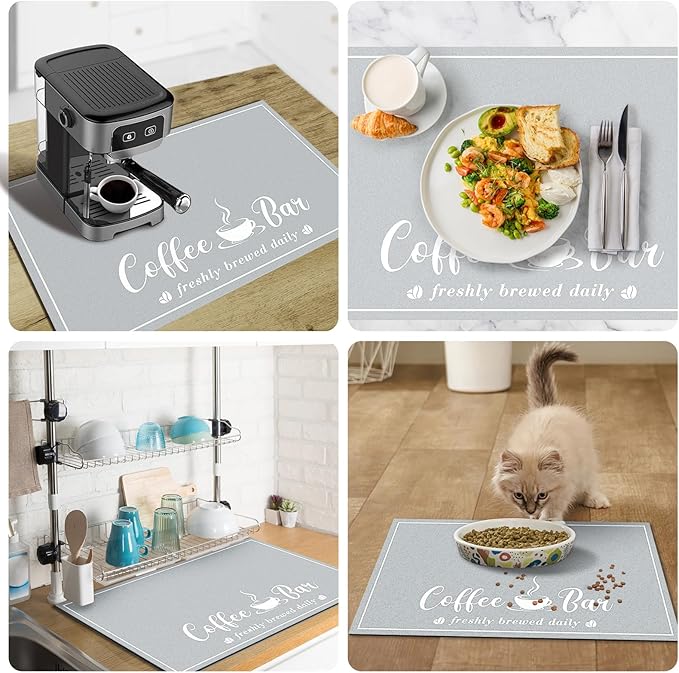 Absorbent Coffee Mat, Fashion Dish Drying Mat for Kitchen Counter Coffee Bar Accessories Espresso Machine Dish Rack 12" x 20" Light Grey