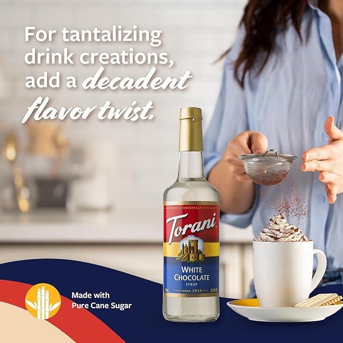 Torani Coffee Syrup, White Chocolate Flavored Syrup for Drinks, Glass Bottle with Pump Included, 25.4 Fl Oz