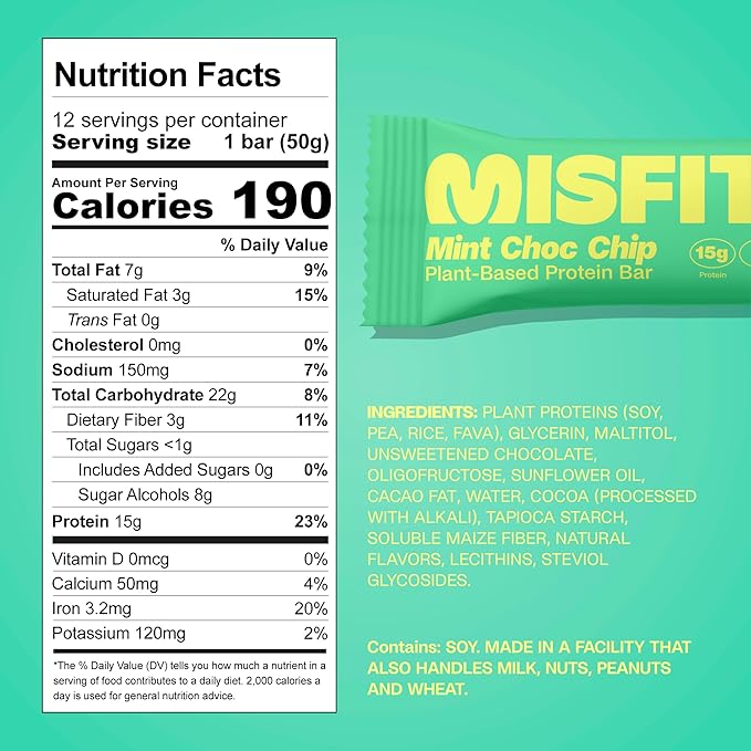 Misfits Vegan Protein Bars - Mint Chocolate Chip | Nutrition Bars - 15g Protein, 1g Sugar, Plant-based, Low Carb, Non-GMO, Gluten Free Snacks | Pack of 12