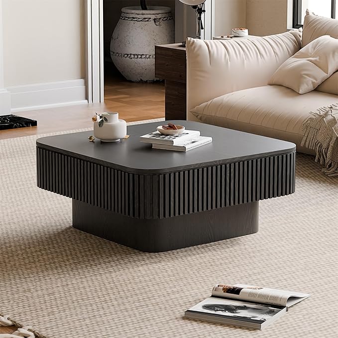 SZTHHDF Square Coffee Table for Living Room,Fluted Drum Accent Tea Center Table with Storage,Solid Wood Modern Coffee Tables for Small Space Office Apartment (31.5" L×31.5''W×14''H-Black)