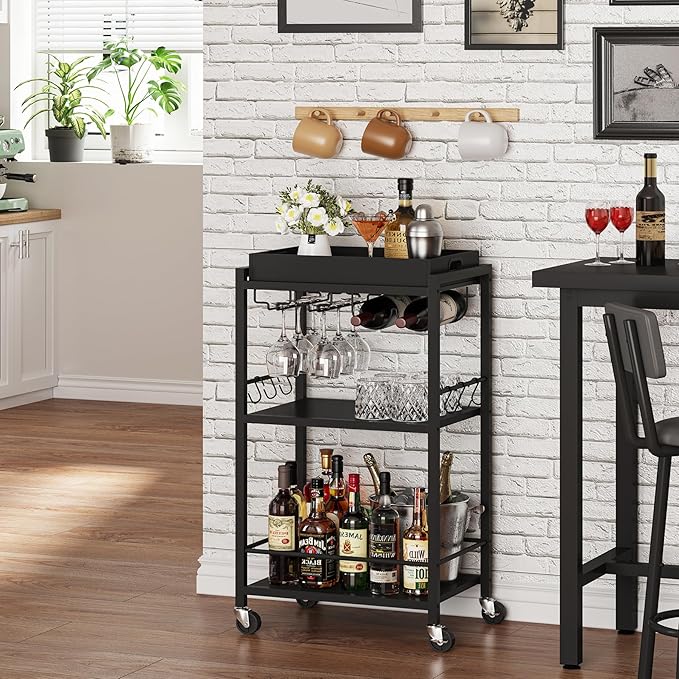 TUTOTAK Bar Cart with Removable Tray, Home Bar Serving Cart, Drink Cart, Mobile Kitchen Shelf with Wine Rack and Glass Holder, Rolling Beverage Cart for Living Room, Kitchen, Black BC01BK036