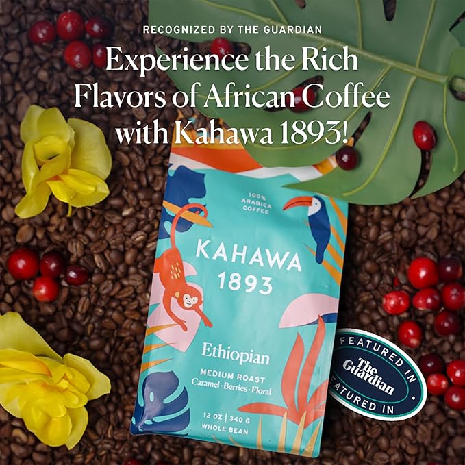 Kahawa 1893 Whole Bean Coffee Medium Roast Ethiopian Blend 24 Oz - As Seen on Shark Tank, High Antioxidants, Naturally Sweet, Organically Grown, Ethically & Sustainably Sourced