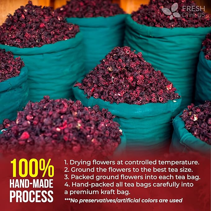 FreshDrinkUS, Premium 140 Hibiscus Flowers Tea Bags, 100% Natural, Handmade & Pure from Hibiscus Flowers. No Sugar/Caffeine/Gluten, Vegan. Tart & Refreshing, Hot or Ice Tea, Great For All Seasons