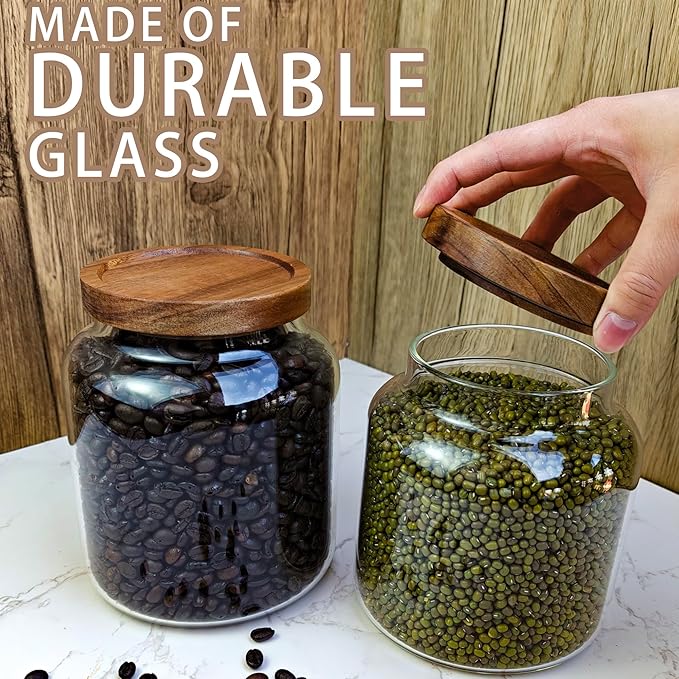 1PC Glass Storage Jars with Airtight Lids, 54 fl oz (1600ml) coffee container with Wooden Lid, Glass Pantry Canister for Beans, Rice, Sugar and etc