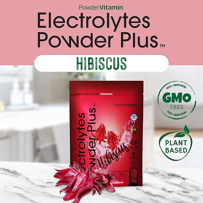 PowderVitamin Electrolytes Powder Plus (100 Servings) Hibiscus Electrolyte Powder Zero Calorie Keto,0 Sugar, No Maltodextrin,1000mg Potassium,120mg Calcium,120mg Magnesium, Hydration Powder