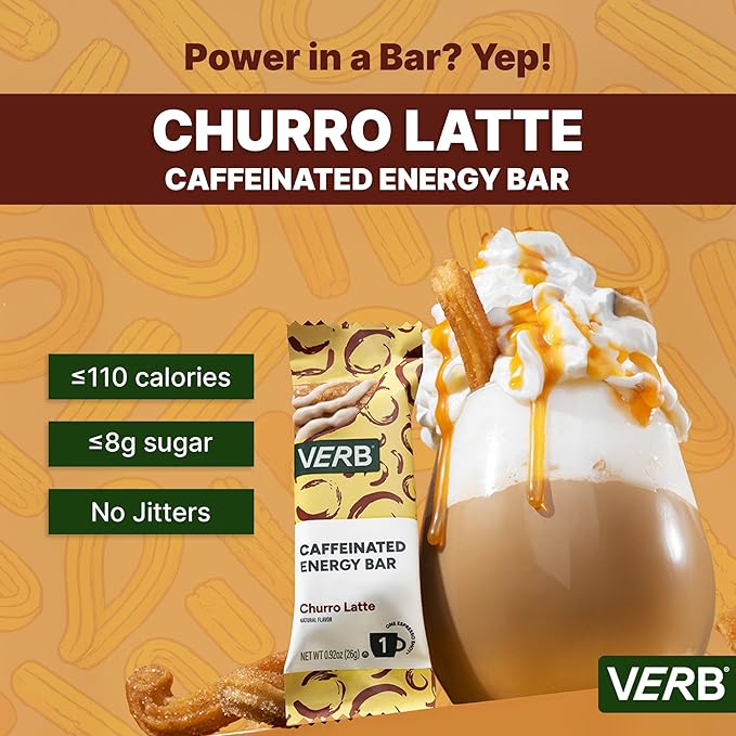 Verb Caffeinated Energy Bars Churro Latte (26g, Pack of 16) 110-Calorie Delicious Low Sugar Energy Bar - Vegan Gluten Free On-the Go Snack with 80mg Green Tea Caffeine, Only Real-Food Ingredients