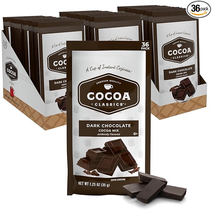 Cocoa Classics Dark Chocolate Cocoa Mix, Sweet, Smooth, Intense Dark Chocolate Flavored, Make Hot or Iced Cocoa, Gluten Free, Kosher Dairy Friendly, 1.25oz Packets (Pack of 36)