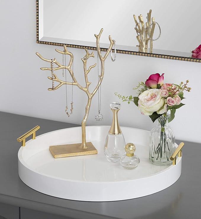 Kate and Laurel Lipton Modern Round Tray, 18" Diameter, White and Gold, Decorative Accent Tray for Storage and Display