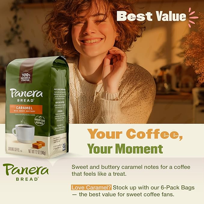 Panera Caramel Light Roast Ground Coffee, 100% Arabica, Naturally Flavored Caramel, Rich Buttery Taste, Sustainably Sourced, 12oz Bag Pack of 6 (72 oz Total)
