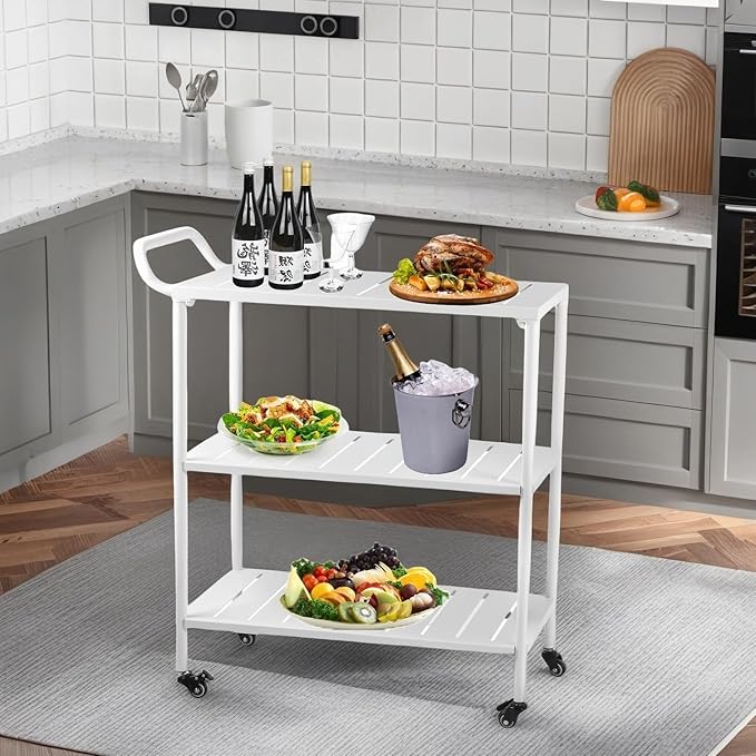 Modern Kitchen Bar Cart on Wheels Metal Rolling Serving Carts with 3 Tier for Storage Mobile Kitchen Island with Lockable Casters and Side Handle for Outdoor& Indoor -33.5 * 15.7 * 37.2inch(L*W*H)