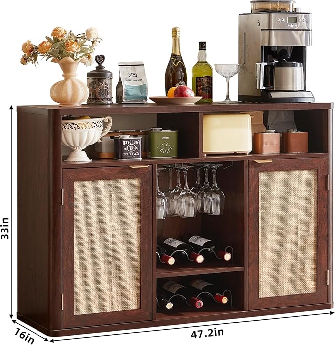Lerliuo Rattan Wine Cabinet with 2 Doors, Boho Liquor Cabinet with Wine Racks, Farmhouse Coffee Bar Station for Living Room, Dining Room, Kitchen, Walnut
