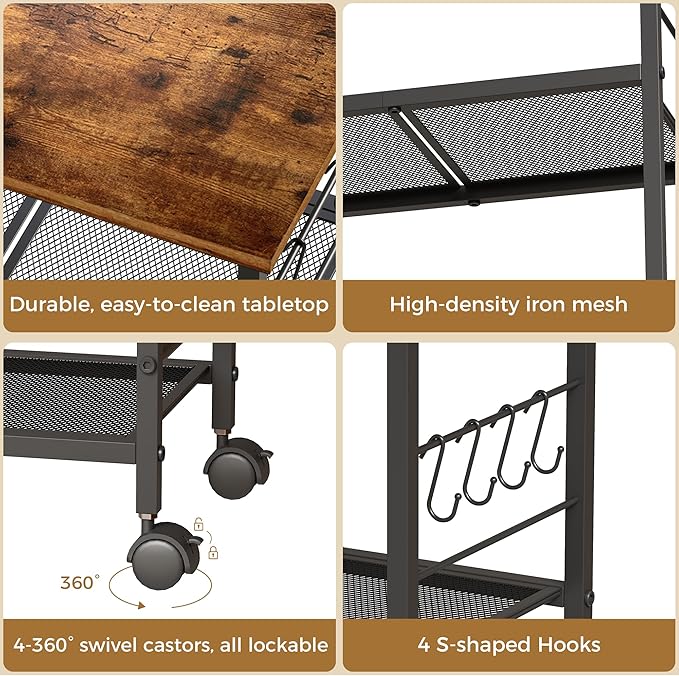 BEWISHOME Rolling Kitchen Cart 3 Tier, Microwave Kitchen Cart with Storage Function, Practical Roller Cart with 4 Locking Wheels for Kitchen, Living Room, Bathroom, Office, Bar (Brown)