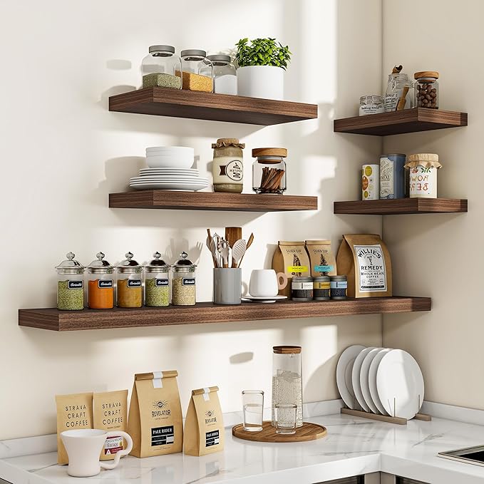24 Inch Floating Shelves, 24"x9.25"x1.5" Inch Deep Floating Shelves for Wall, Wooden Shelves for Bathroom, Bedroom, Living Room, Walnut, 2 Pieces
