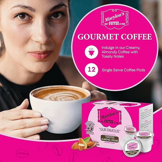 Marylou's Toasted Almond Creme Flavored Gourmet Coffee – Single Serve Coffee Pods, Compatible with Keurig Brewers – 12 Pods