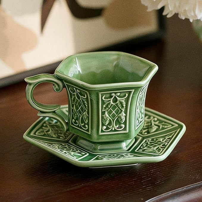KAMMAK Tea Cups and Saucers Set of 2, Porcelain Coffee Cups, 6-Ounce Stackable Espresso Mugs, Ceramic Demitasse for Coffee, Latte, Americano, Tea, Retro Green