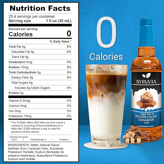 Syruvia Sugar-Free Brown Sugar Cinnamon Syrup for Coffee, Great for Drinks, Shakes, Smoothies and Cocktails - 25.4 fl oz, Kosher, 100% Vegan, Gluten-Free, No-Calorie, With Pump