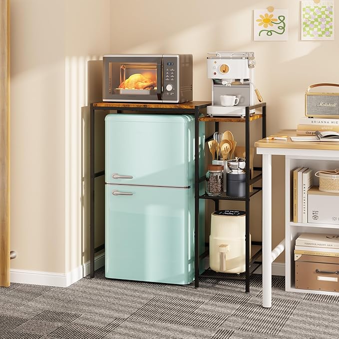 Mini Fridge Stand with Storage Shelves, Wine Cabinet, Microwave Stand, Coffee Bar, TV Stand, Bakers Rack, Beverage Refrigerator Table Adjustable for Dorm Apartment Kitchen Rustic Brown