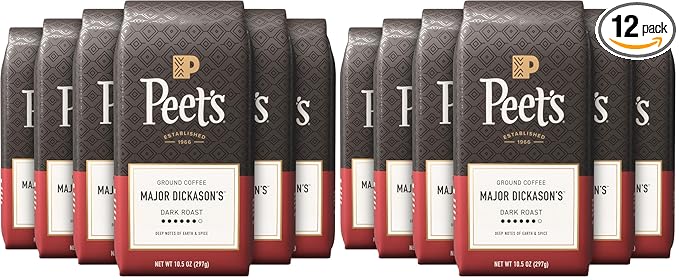 Peet's Coffee, Dark Roast Ground-Coffee, 100% Arabica - Major Dickason's Blend (10.5 Ounces), (Pack of 12)