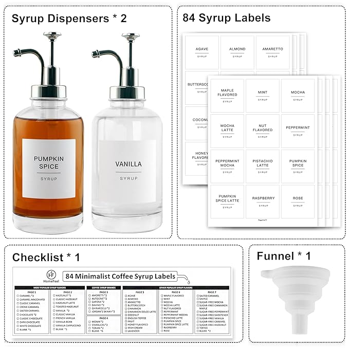 Glass Coffee Syrup Dispenser Bottles with 84 Labels (Set of 2), Coffee Pump Dispenser for Coffee Bar Accessories, 16.9 oz, Silver