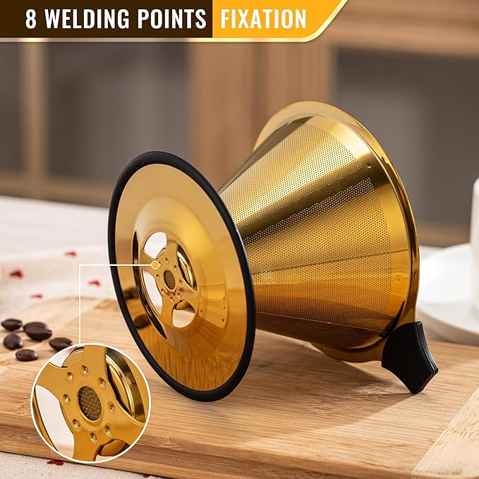 Pour Over Coffee Dripper INSINTAR Stainless Steel ReusablePour Over Drip Coffee Filter Paperless Coffee Strainer Single Cup Coffee Maker 1-4 Cup (Titanium Gold)
