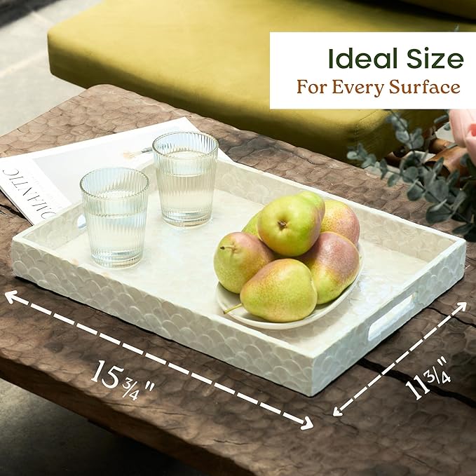 Capiz Decorative Tray 15.8” x 11.8” x 1.8" Rectangular Tray, Natural Handmade Serving Tray with Handles for Coffee Tables, Ottoman, Vanity, Kitchen, Coastal Boho Home Decor, White