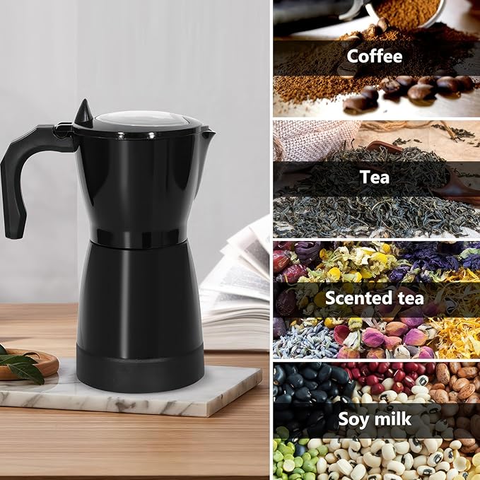 AOZBZ Coffee Pot Electric Espresso Coffe Maker, 300ml 6 Cups Aluminum Moka Pot with Overheat Protection and Detachable Base, Portable Italian Moka Maker, 450W, Black