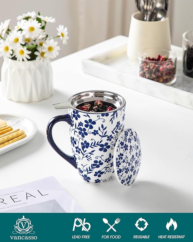 vancasso SELENE Porcelain Tea Mug, 18 oz Porcelain Tea Cup with Infuser and Lid Steeps Loose Leaf Tea, Microwave & Dishwasher Safe, Five-Leaf Clover