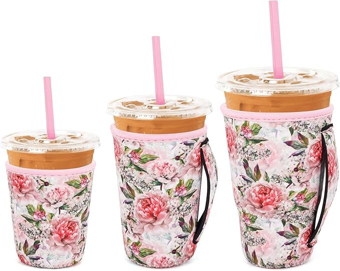 3 Pack Iced Coffee sleeve Insulated Neoprene Cup Sleeves with handle For Cold Drinks Beverages, Reusable Cup Holder for 16oz-32oz Coffee Cups (Blooming Bright)