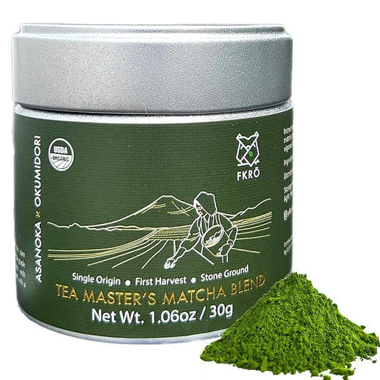 FKRO Organic Tea Master's Ceremonial Grade Japanese Matcha Green Tea Powder. 1st Harvest, Single Origin, Sugar-free. Flown in Fresh from Japan Every Month (30g/1.06oz) Tin