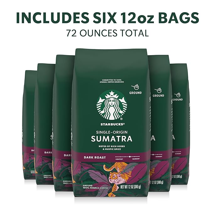 Starbucks Ground Coffee, Dark Roast Hot or Iced Coffee, Single-Origin Sumatra, Six 12 oz Bags