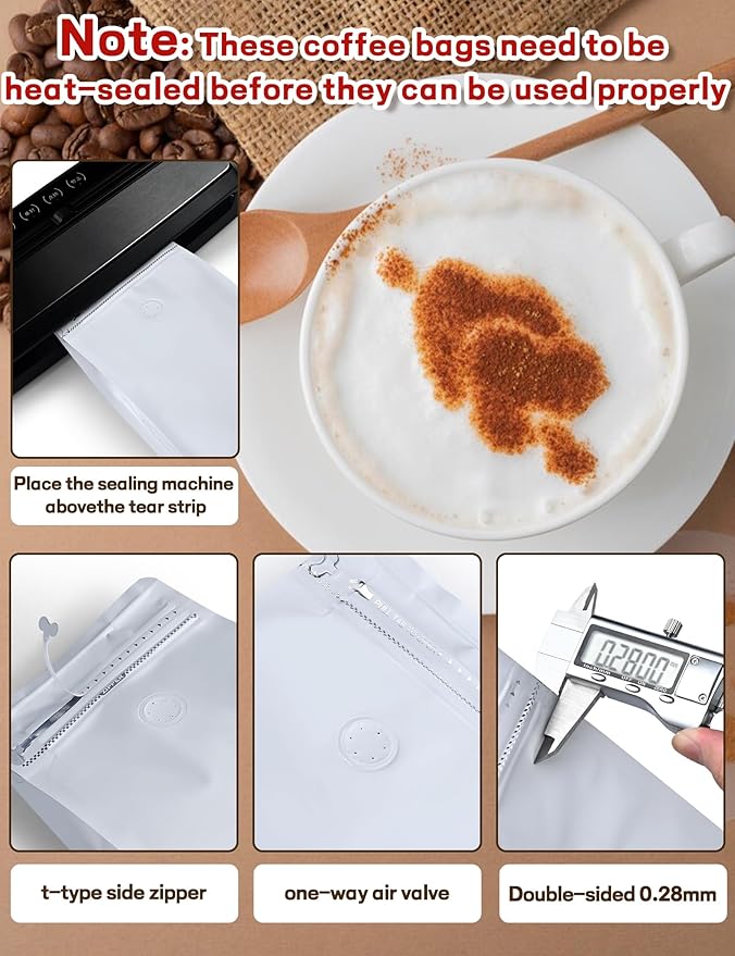 FireKylin 50 PCS Coffee Bags with Valve, (8 oz, 0.5 lb) Stand Up Pouches, Resealable Vented Food Storage Bags Side Zipper(White)
