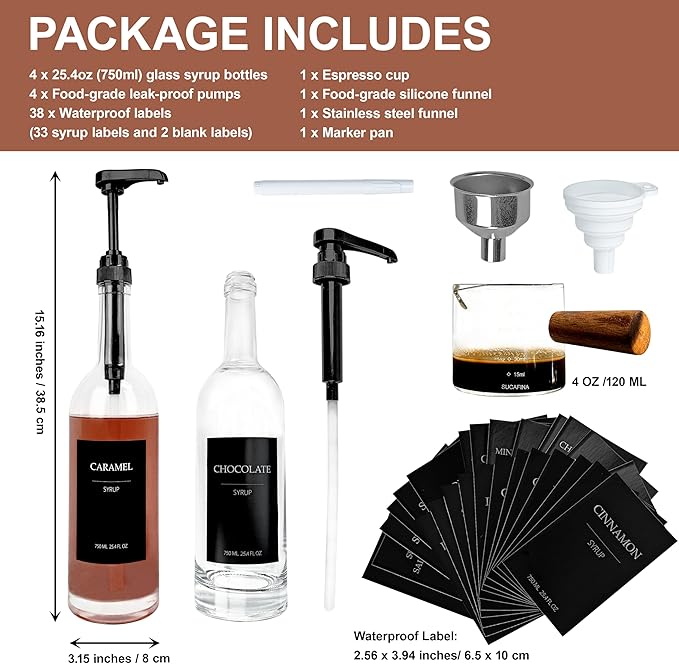 HCYWOC Coffee Syrup Dispenser, 25.4oz 750ml Glass Syrup Bottles, 4 Pack Syrup Dispenser for Coffee Bar With Large Leakproof Syrup Pump, 38 Labels, 120ml Espresso Cups