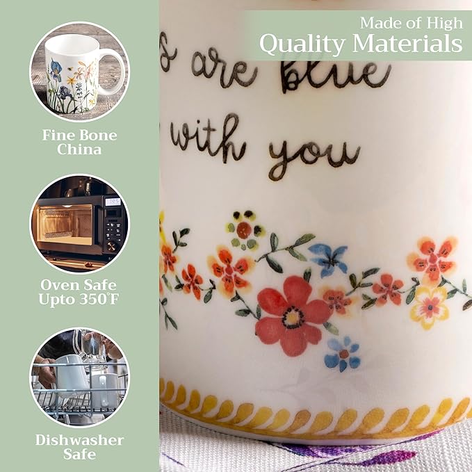 Maison d' Hermine Coffee Mug with Handles Fine Bone China Mugs Pack of One Tea Cups for Hot Beverages Cappuccino Latte Home Office Perfect for Gift (Happy Florals - Sweety Roses Are Red, 15 Ounce)