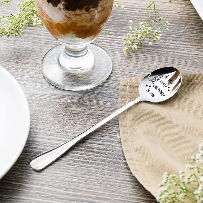 PZJIEAN A very Merry Unbirthday to You Engraved Stainless Steel Spoon, Best Coffee Tea Dessert Spoon Gifts for Coffee Lover Birthday Graduation Christmas