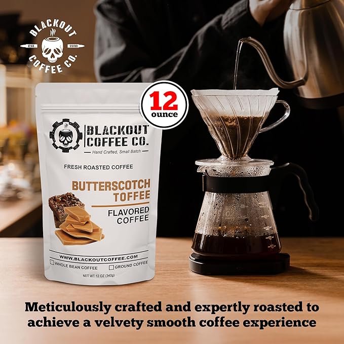 Blackout Coffee Butterscotch Toffee Flavored Ground Coffee – Medium Roast, Smooth Taste, Guilt-Free Indulgence – Freshly Roasted 12oz Pouch.
