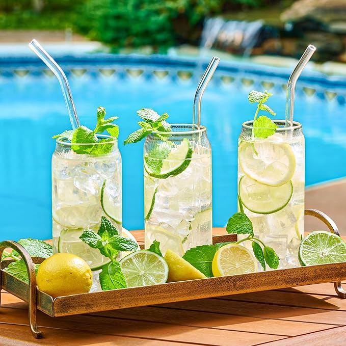Set of 6 Ribbed Can Shaped Glass Cups with Glass Straws - 16oz Can Glass Drinking Glasses, Iced Coffee & Ice Tea Glasses, Clear Kitchen Tumbler Cup Cocktail Glass for Soda, Kiddush Cups & Sets