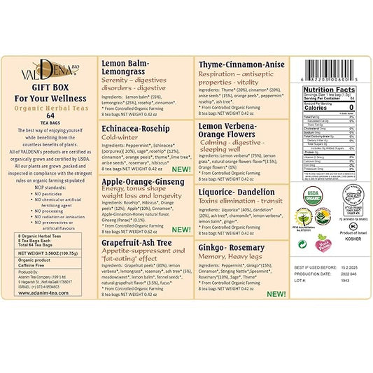 Valdena Bio Organic Herbal Teas for Your Wellness Tea Sampler Gift Caffeine Free 8 Flavors Assorted Tea Sets Variety Pack 64 Individually Wrapped Tea Bags Gift for Tea Lovers